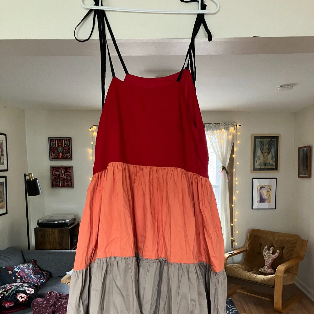 Tiered Red, Coral, and Taupe Spaghetti-Strip Dress